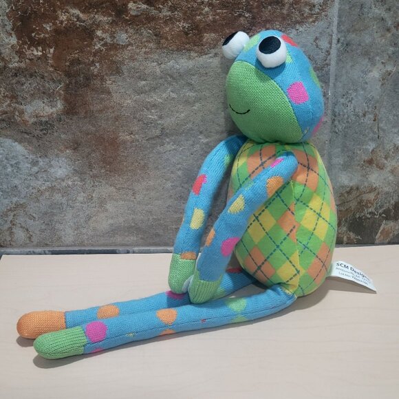SCM Designs Knit Sock Frog Yellow Blue Stuffed Animal Plush Polka Dots 2011 - Picture 4 of 12